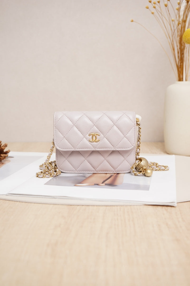 Chanel Classic Flap Mini Flap Bag with Pearl and Gold-Tone Metal Ball in Light Pink Lambskin