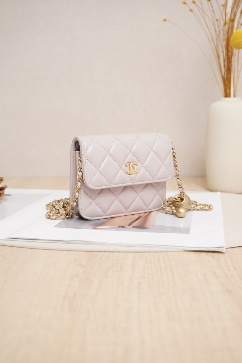 Chanel Classic Flap Mini Flap Bag with Pearl and Gold-Tone Metal Ball in Light Pink Lambskin