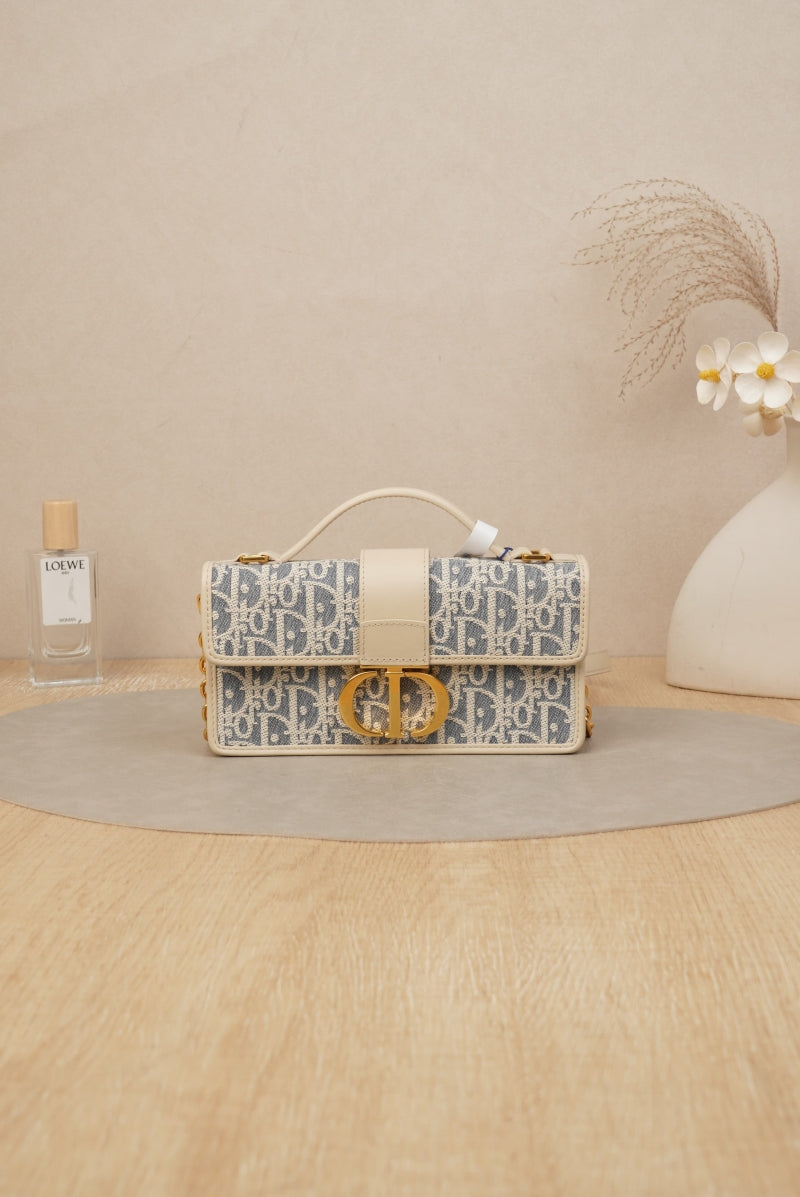 Dior 30 Montaigne East-West Bag with Chain Blue Dior Oblique Jacquard
