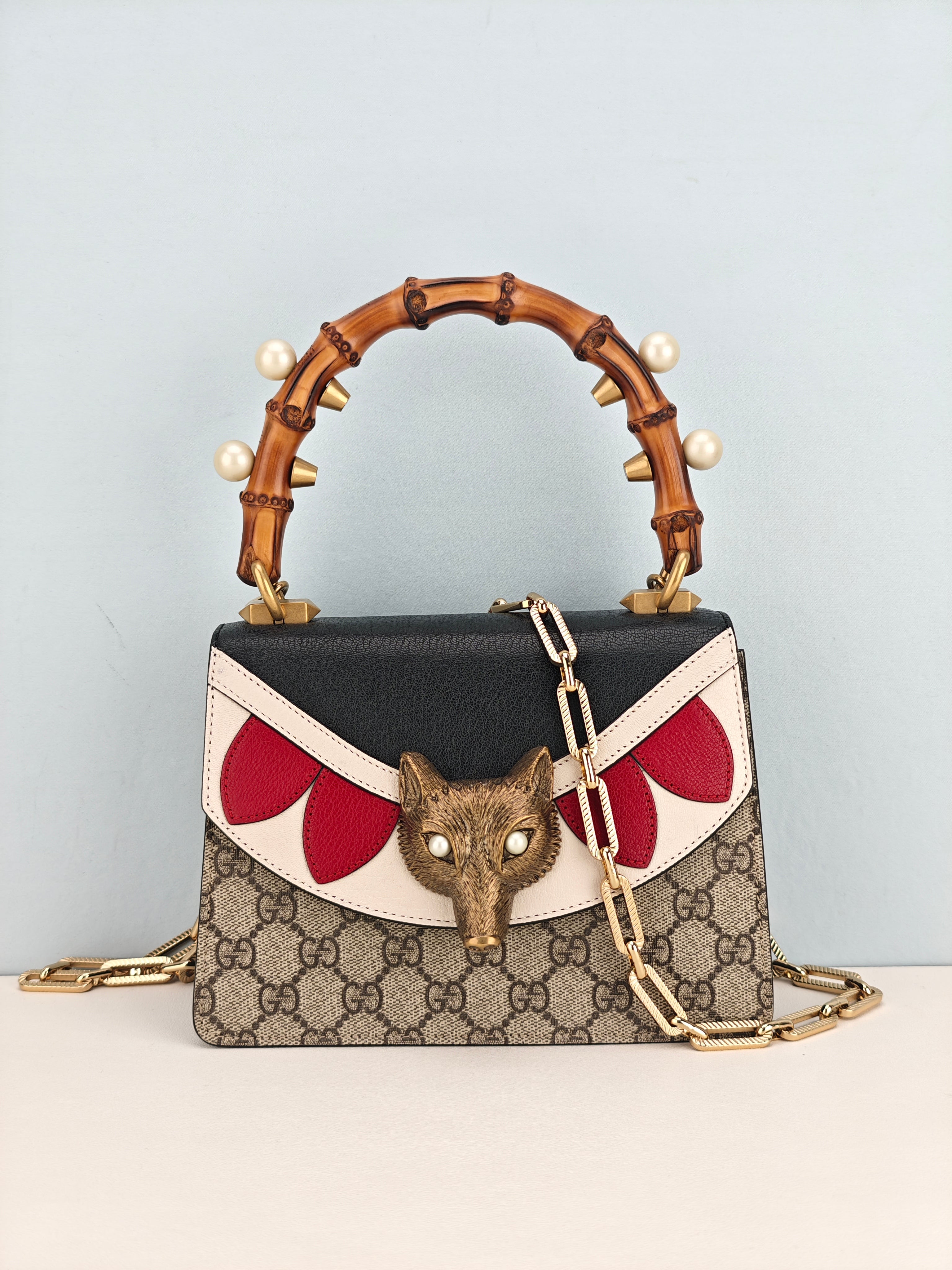 Gucci GG Supreme Monogram Goatskin Pearl Mini Fox Broche Bamboo Top Handle Bag