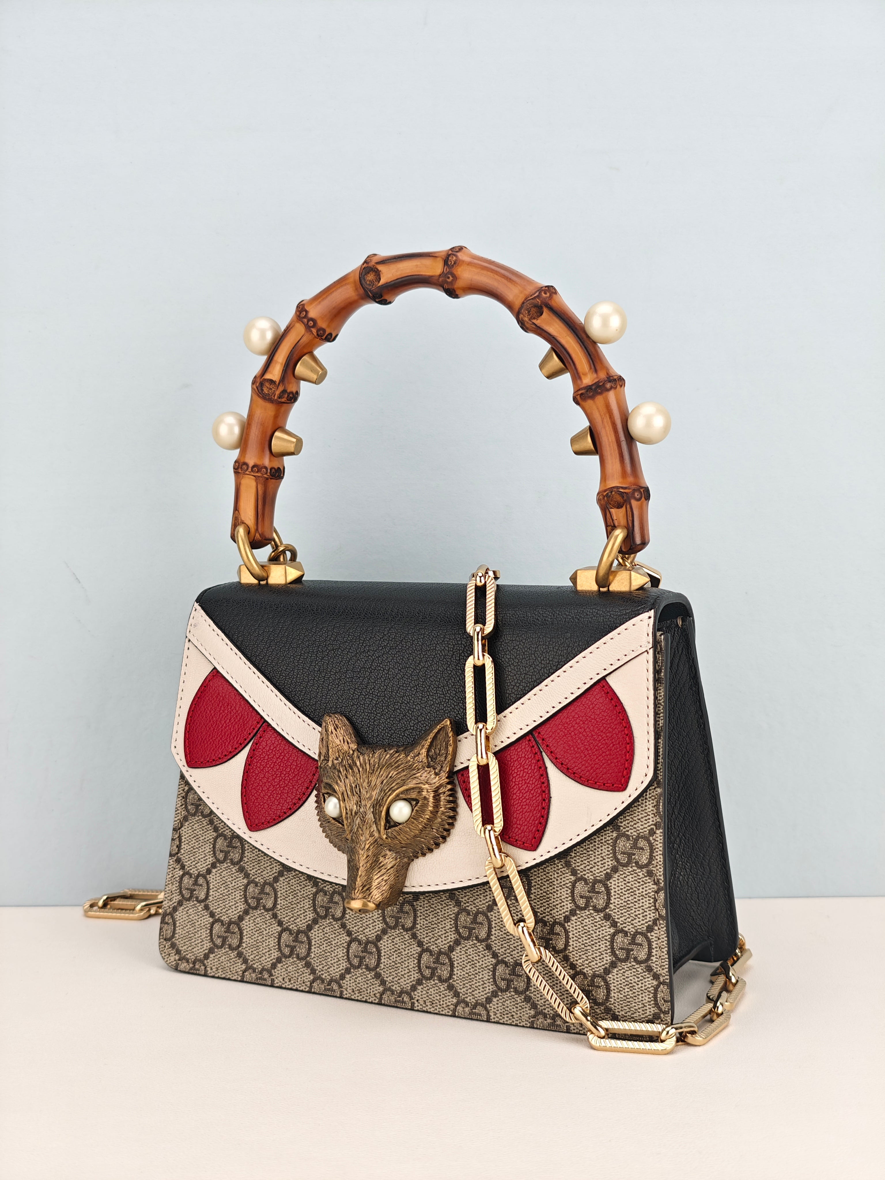 Gucci GG Supreme Monogram Goatskin Pearl Mini Fox Broche Bamboo Top Handle Bag
