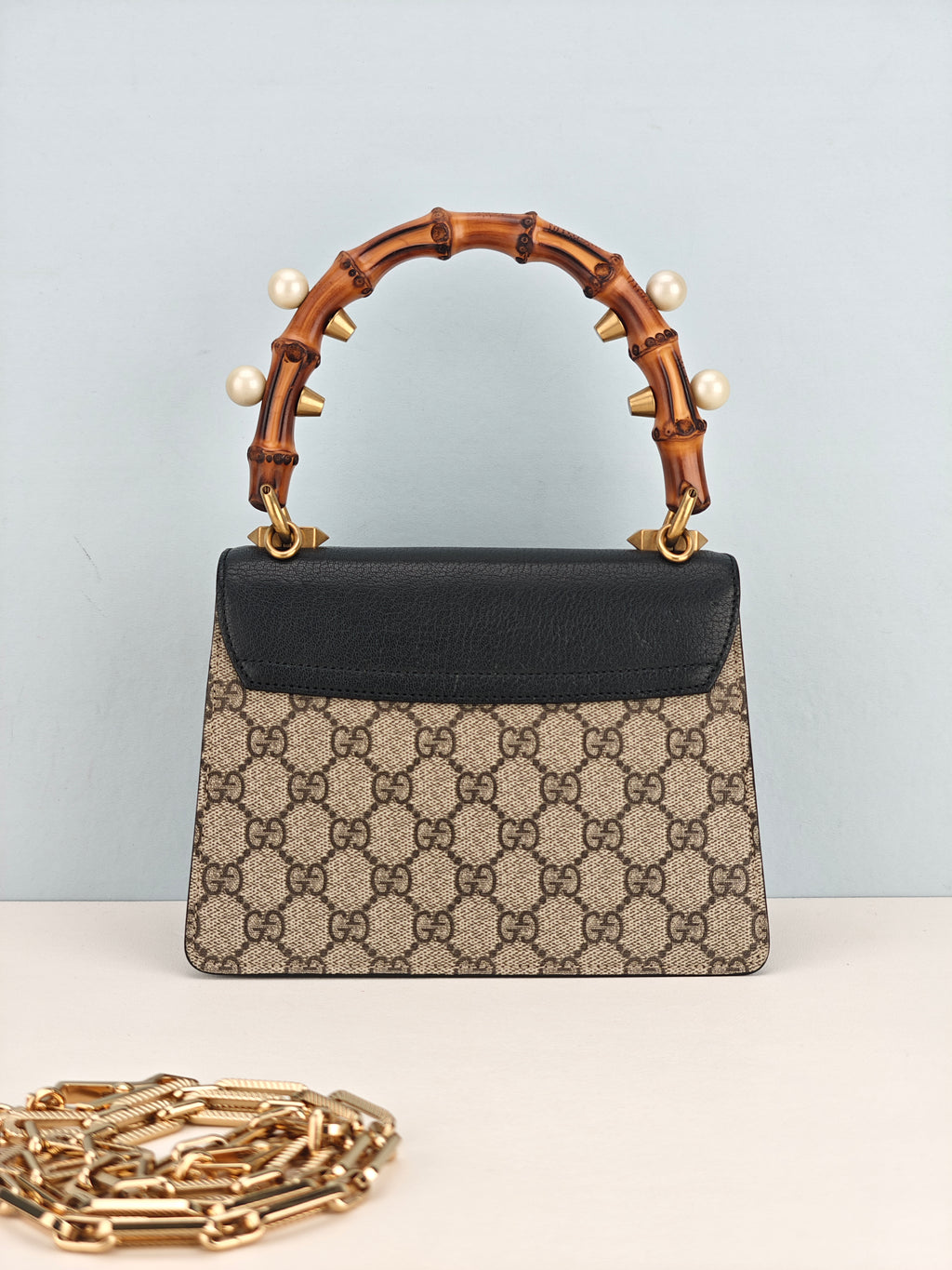 Gucci GG Supreme Monogram Goatskin Pearl Mini Fox Broche Bamboo Top Handle Bag