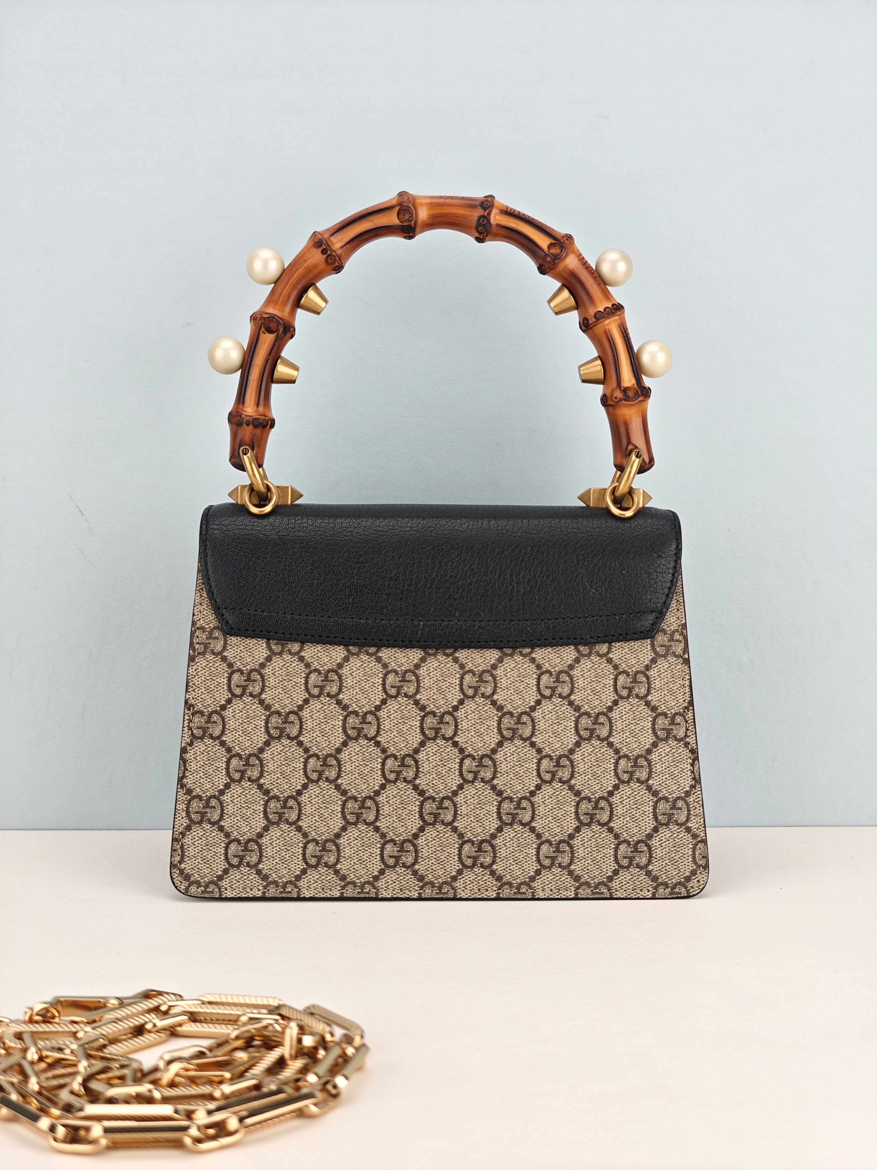 Gucci GG Supreme Monogram Goatskin Pearl Mini Fox Broche Bamboo Top Handle Bag