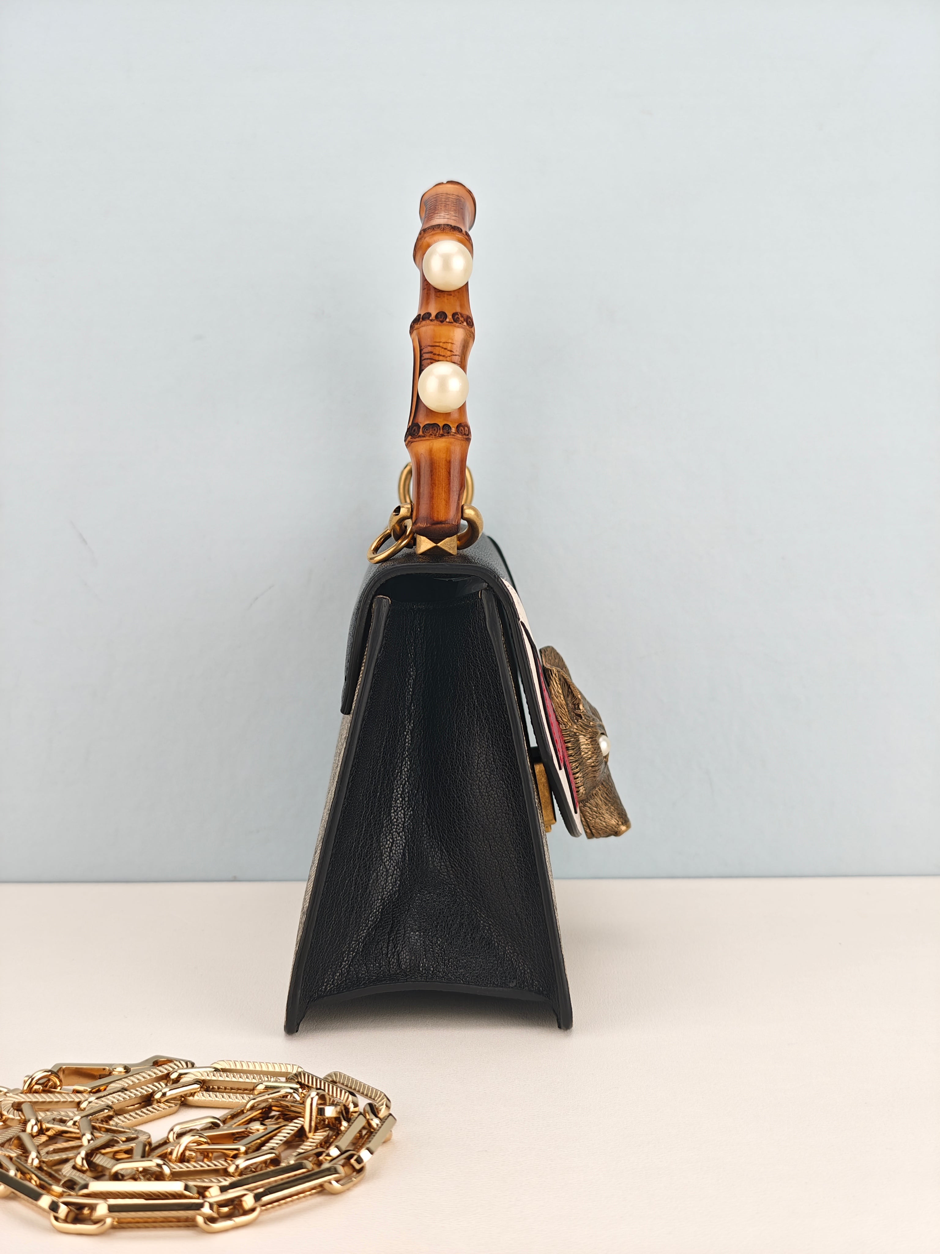 Gucci GG Supreme Monogram Goatskin Pearl Mini Fox Broche Bamboo Top Handle Bag