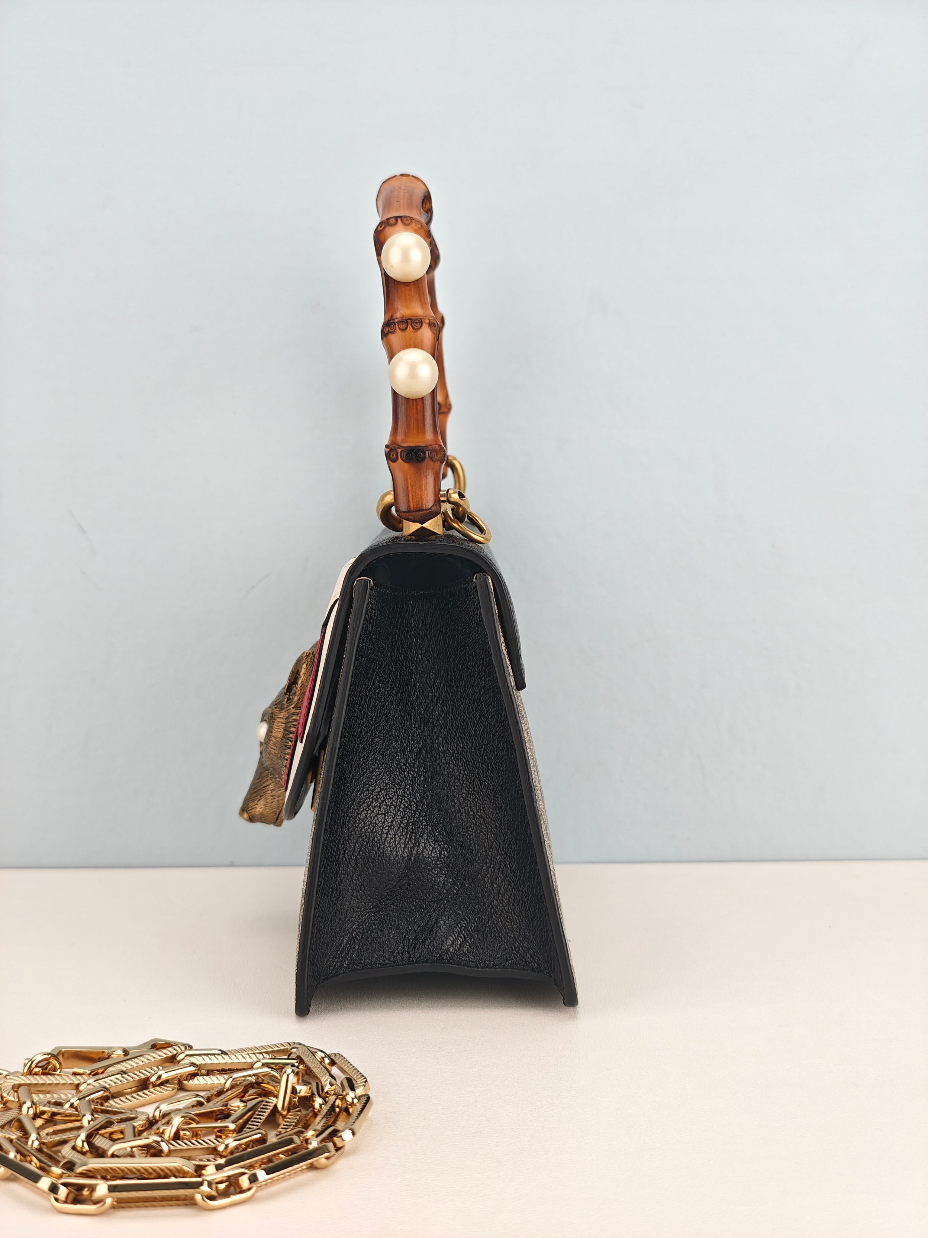 Gucci GG Supreme Monogram Goatskin Pearl Mini Fox Broche Bamboo Top Handle Bag