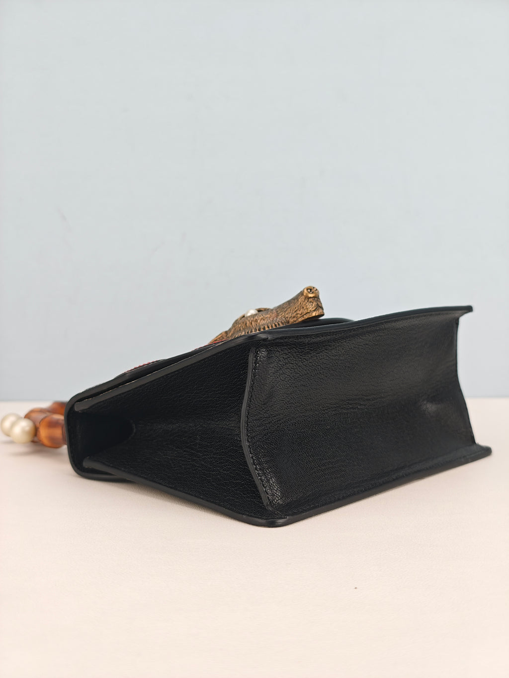 Gucci GG Supreme Monogram Goatskin Pearl Mini Fox Broche Bamboo Top Handle Bag