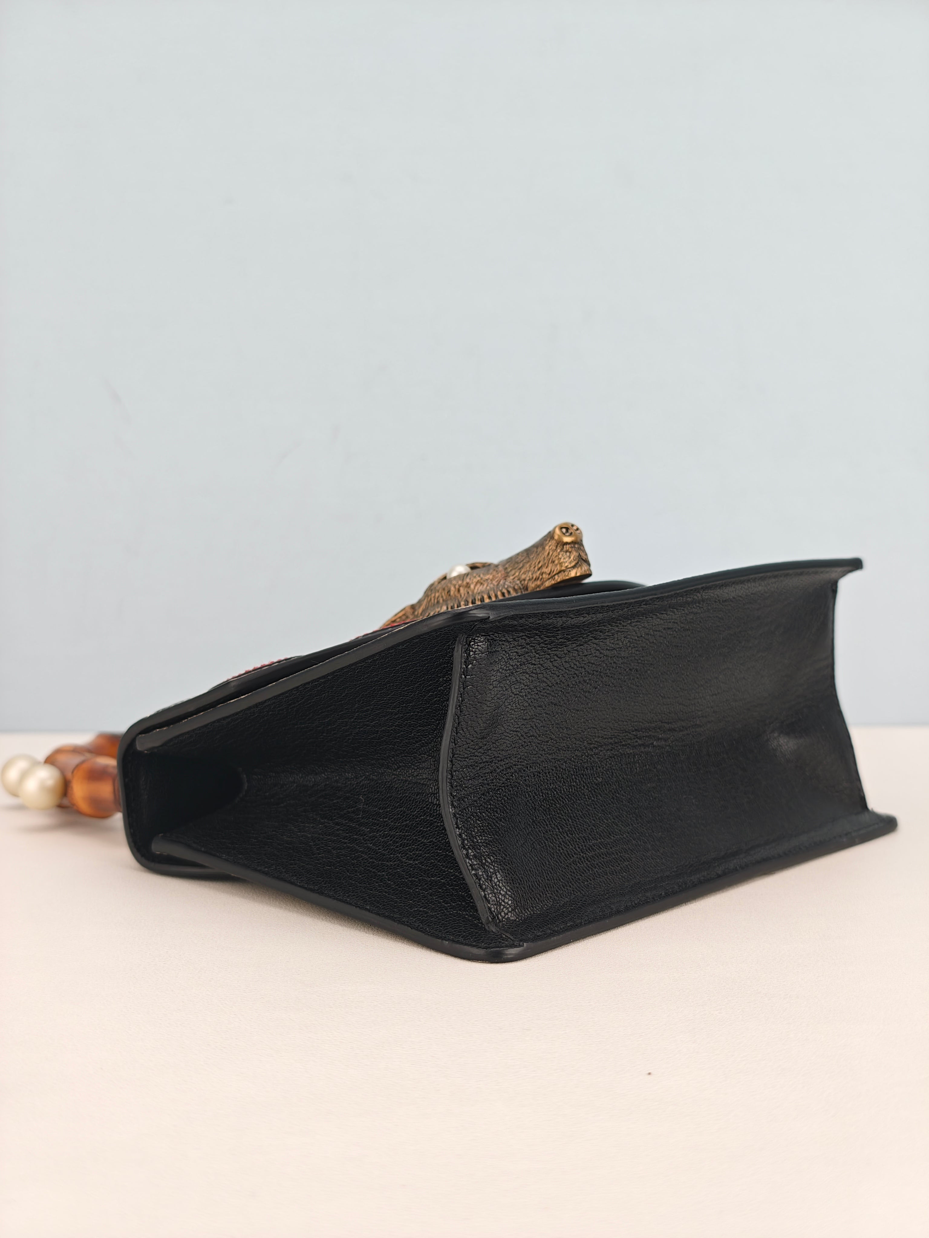 Gucci GG Supreme Monogram Goatskin Pearl Mini Fox Broche Bamboo Top Handle Bag