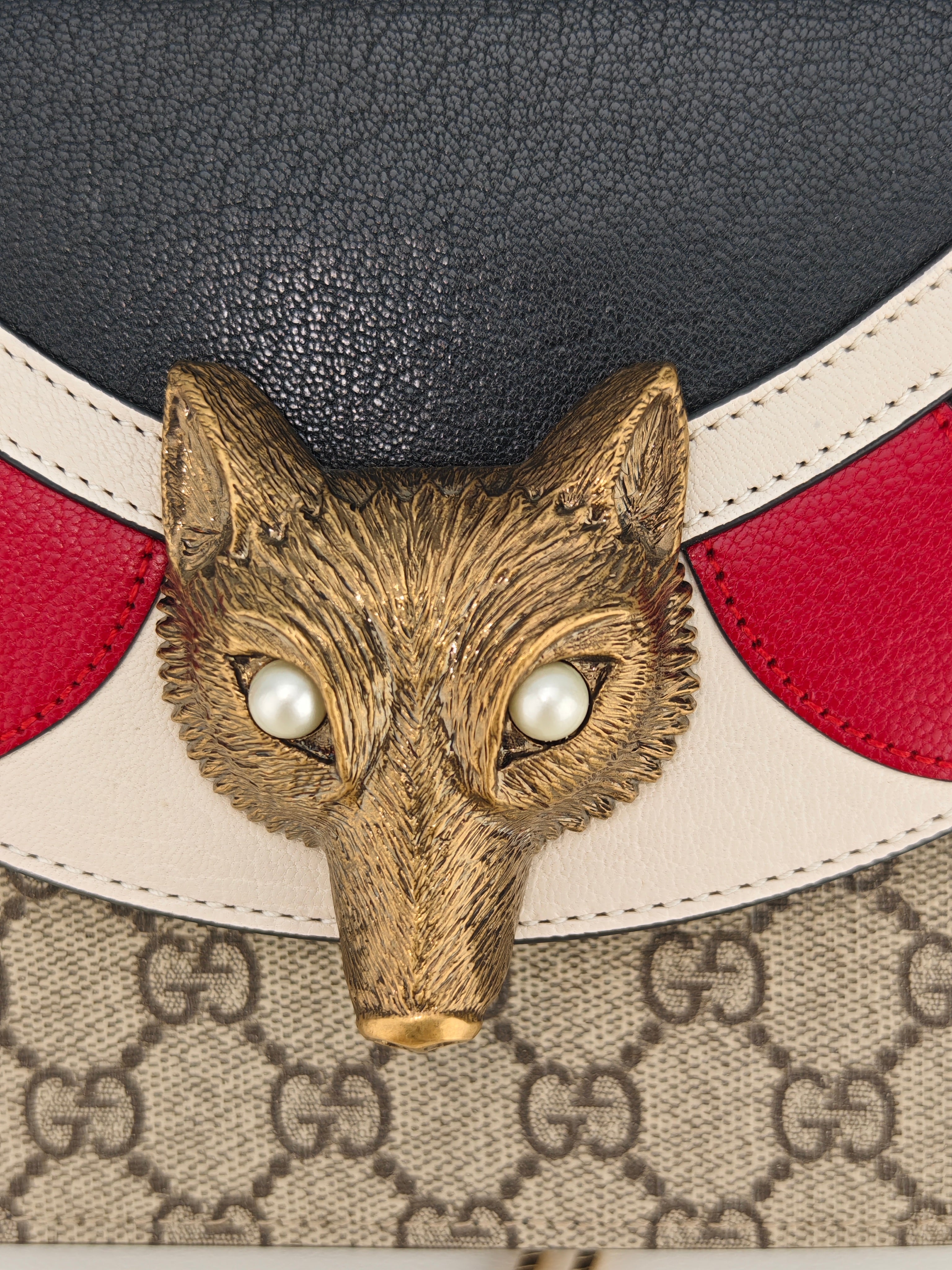 Gucci GG Supreme Monogram Goatskin Pearl Mini Fox Broche Bamboo Top Handle Bag