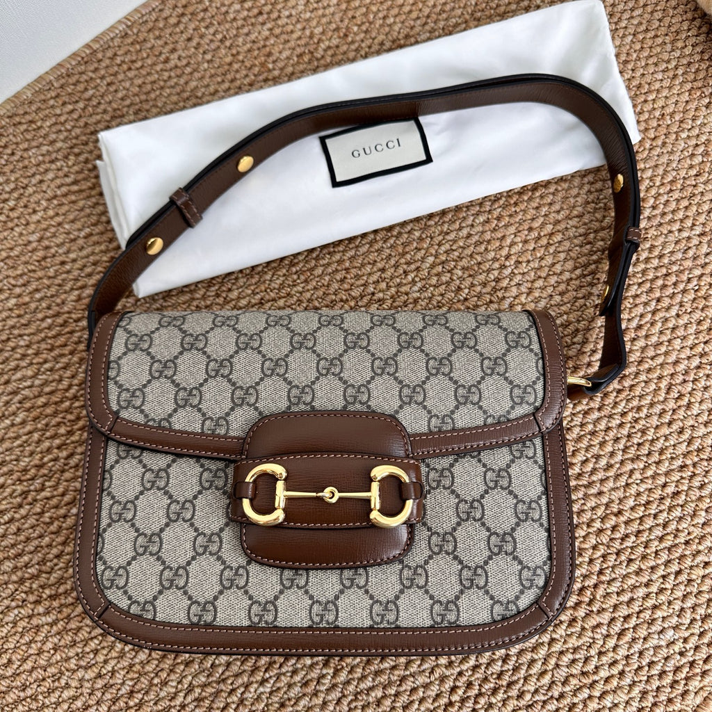 Gucci Horsebit 1955 medium bag in beige and ebony GG Supreme canvas 602204 92TCG 8563