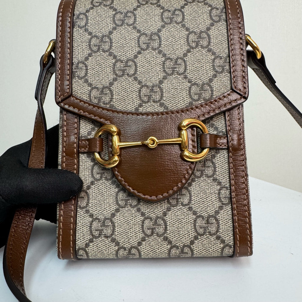 Gucci Horsebit 1955 phone holder in beige and ebony GG Supreme canvas 625615 92TCG 8563