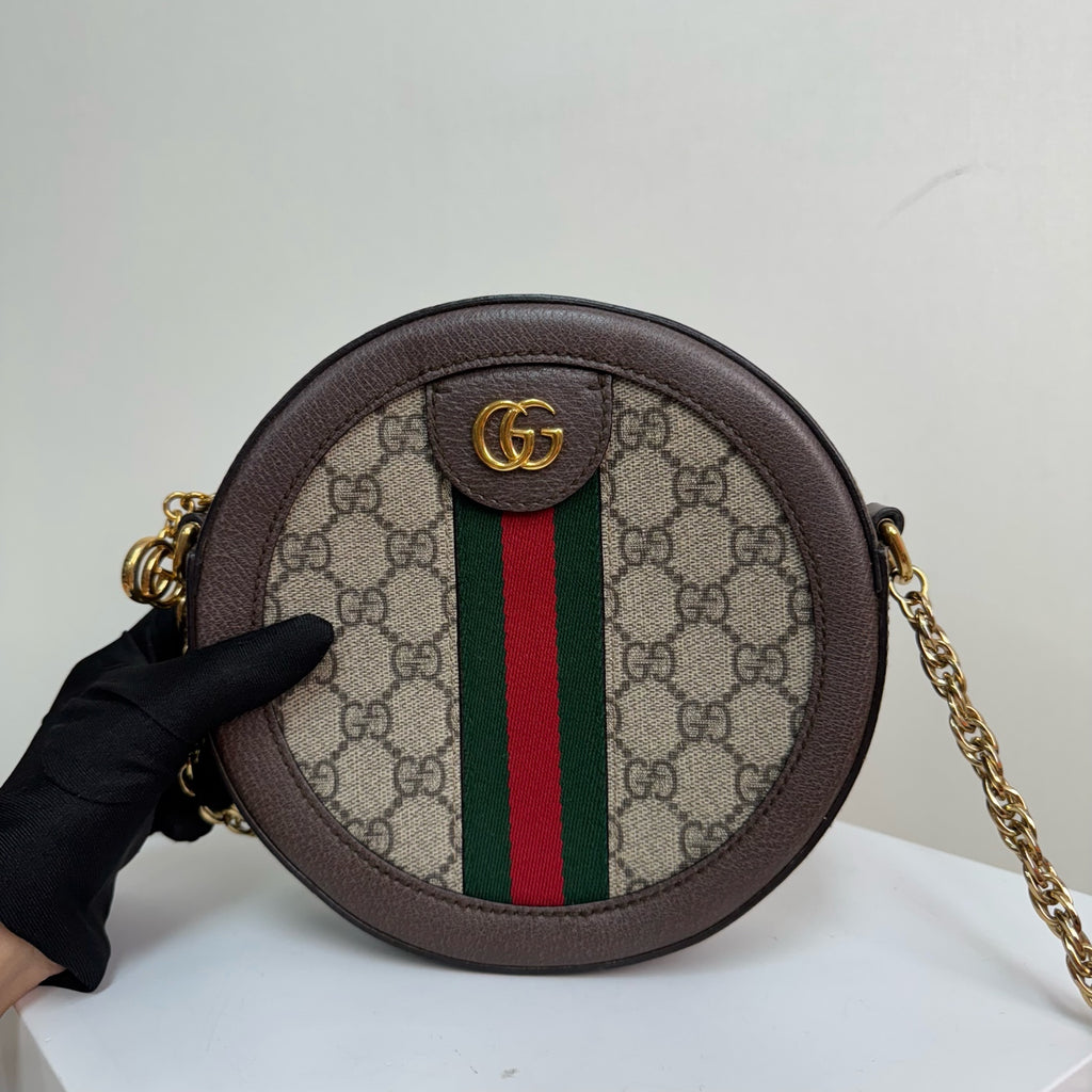 Gucci Ophidia round mini bag in beige and ebony GG Supreme canvas 550618 96I3B 8745