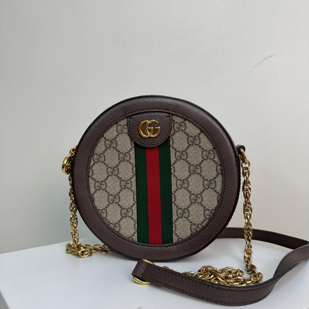 Gucci Ophidia round mini bag in beige and ebony GG Supreme canvas 550618 96I3B 8745