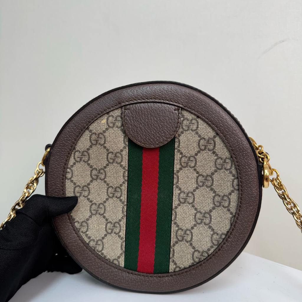 Gucci Ophidia round mini bag in beige and ebony GG Supreme canvas 550618 96I3B 8745