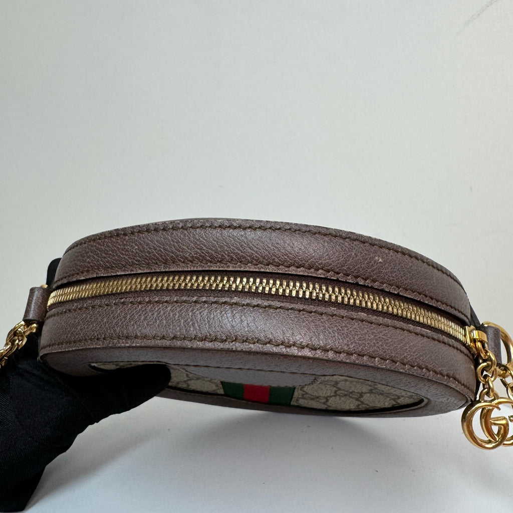 Gucci Ophidia round mini bag in beige and ebony GG Supreme canvas 550618 96I3B 8745