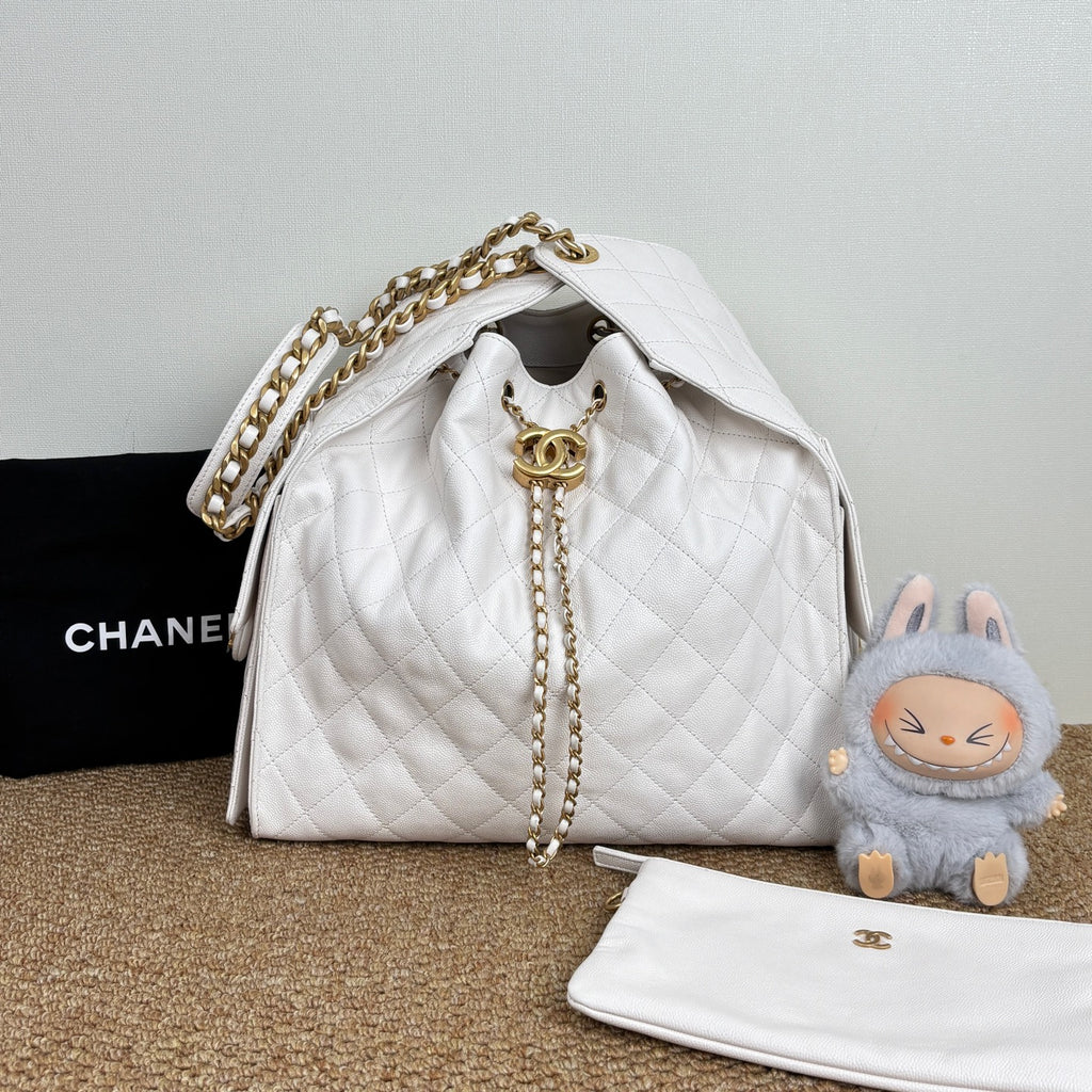 Chanel 25 medium handbag, Grained calfskin & gold-tone metal, white AS5311-B20304-10601