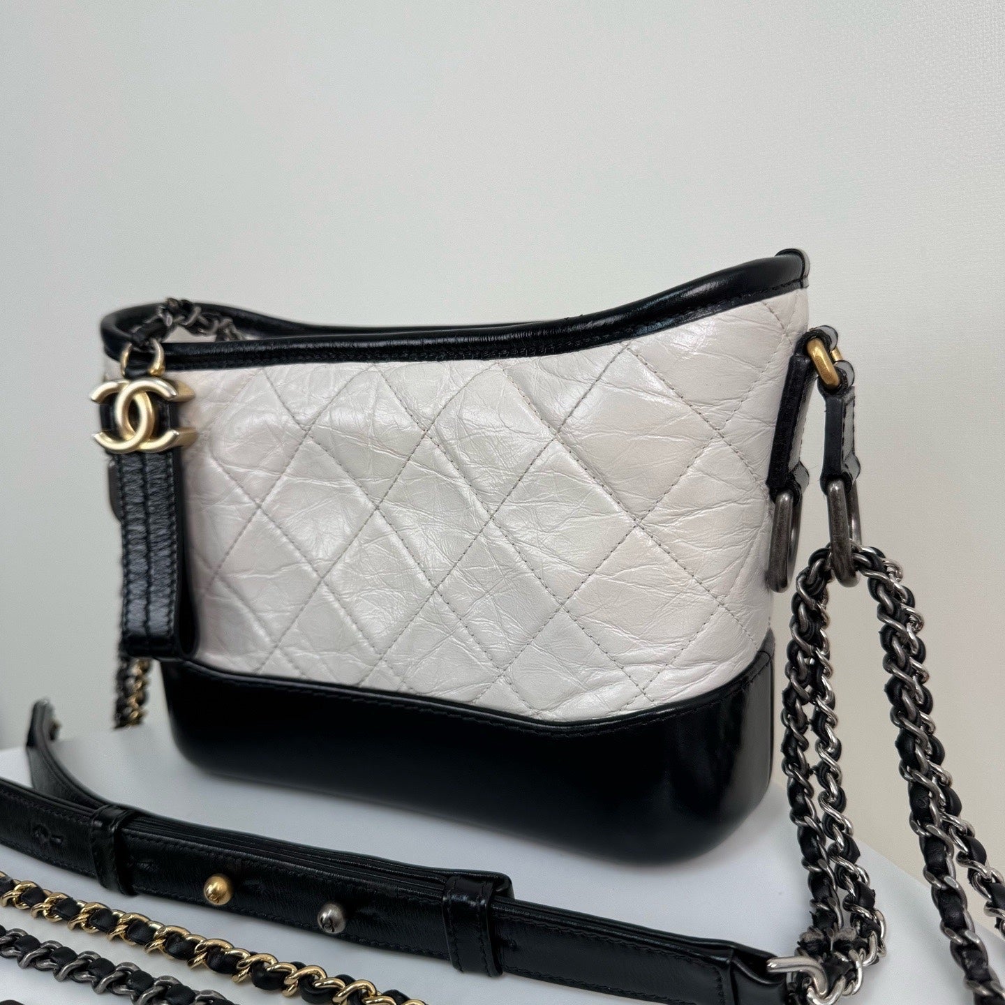 Chanel Small Gabrielle Hobo Bag Aged Calfskin & Smooth Calfskin White & Black A91810Y61477C0200