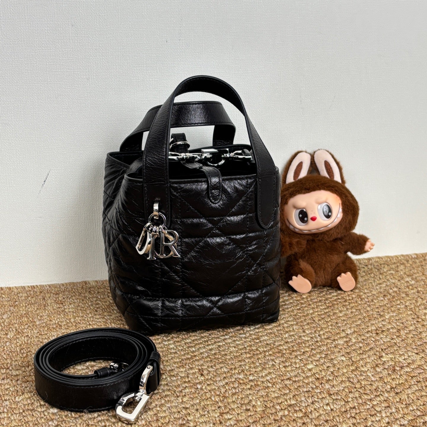 Dior Toujours Vertical Nano Tote Bag Black Macrocannage Crinkled Calfskin S6100PNIO_M900