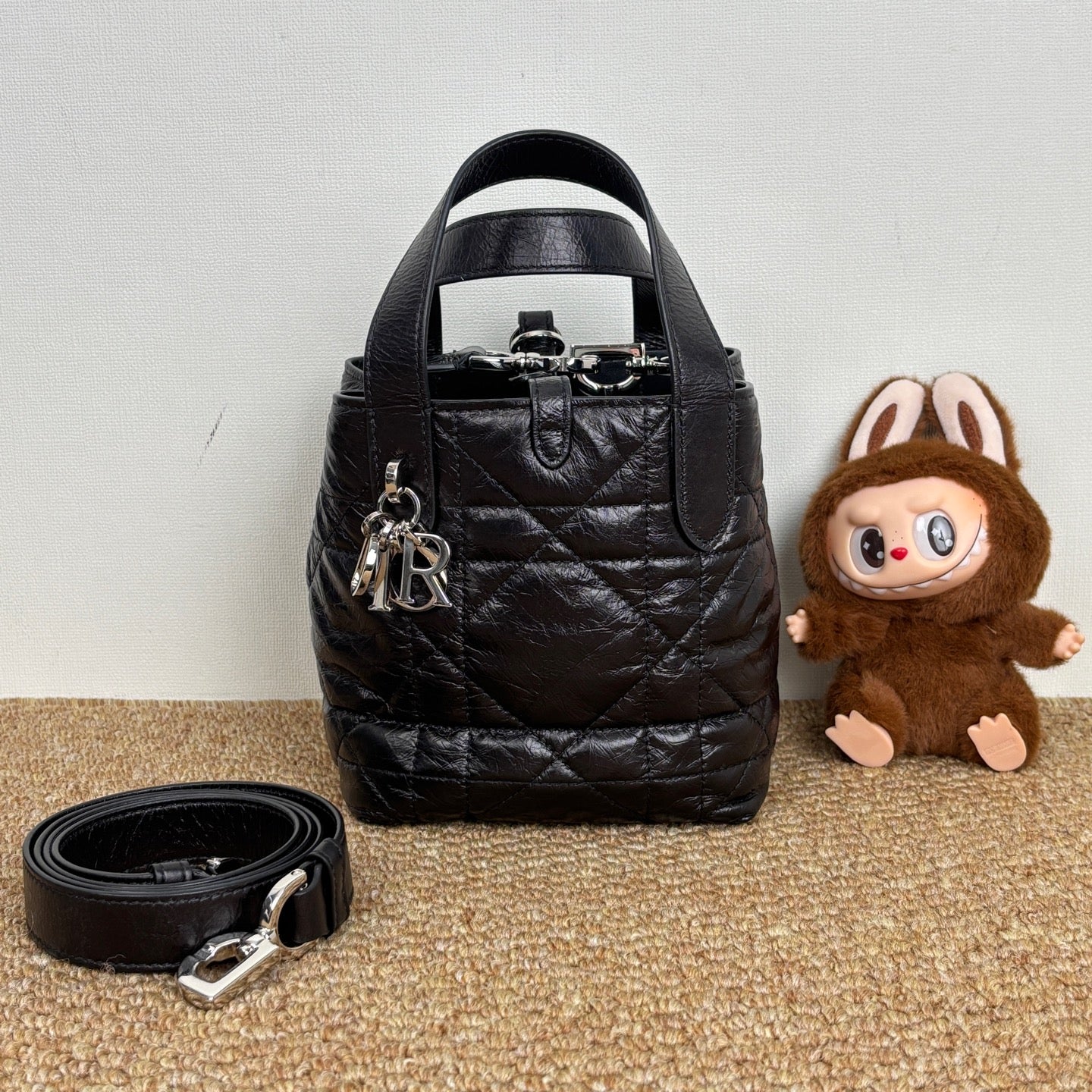 Dior Toujours Vertical Nano Tote Bag Black Macrocannage Crinkled Calfskin S6100PNIO_M900