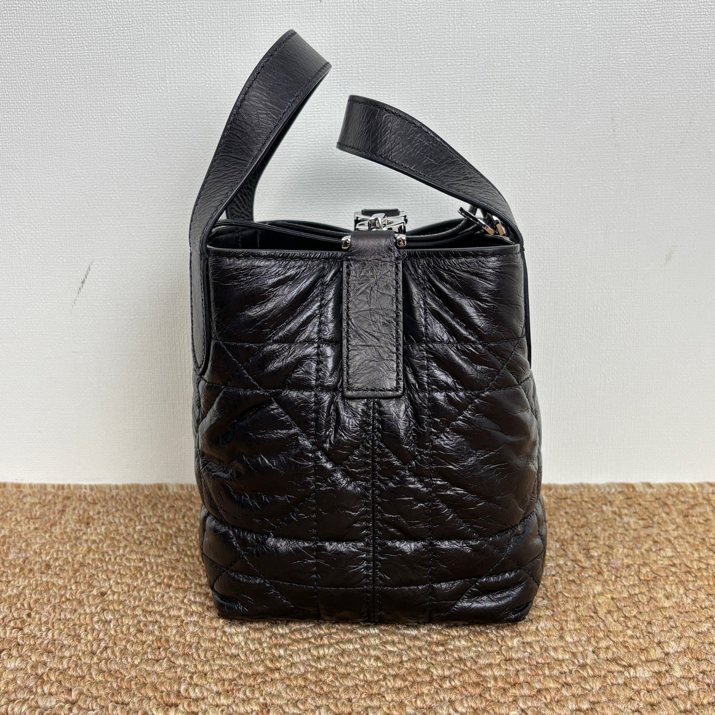 Dior Toujours Vertical Nano Tote Bag Black Macrocannage Crinkled Calfskin S6100PNIO_M900